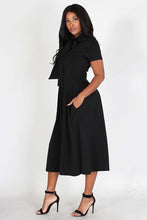 Load image into Gallery viewer, Solid, midi dress in a fit and flare style with a necktie