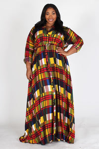 Plaid, a-line, maxi dress in a loose fit with a rolled collar